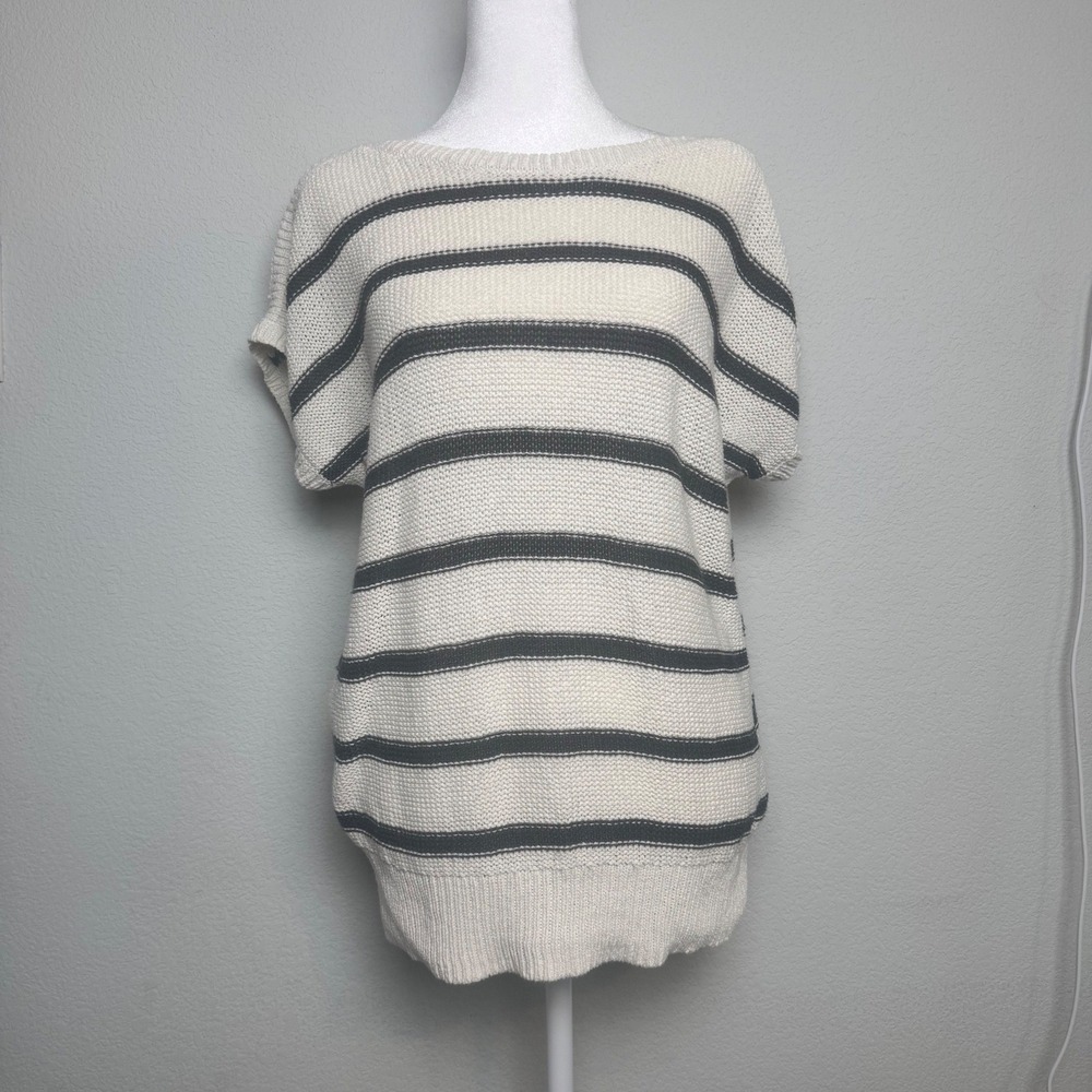 Lucky Brand Boho Sweater Womens Cream Navy Striped Short Sleeve Knit Large
